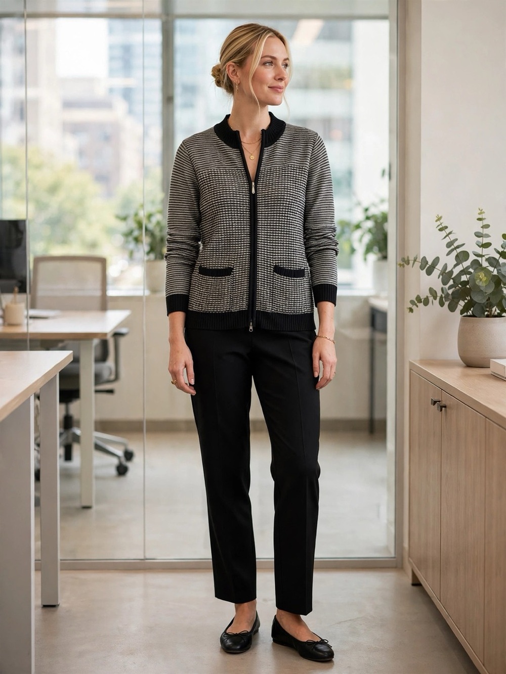 Alia Petite Black White Striped Zip-Front Cardigan Mock Neck Office Workwear | S